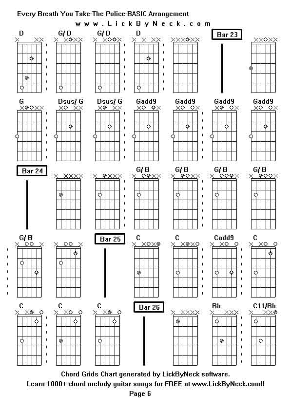 Chord Grids Chart of chord melody fingerstyle guitar song-Every Breath You Take-The Police-BASIC Arrangement,generated by LickByNeck software.